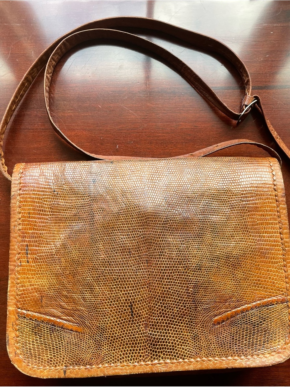 Vintage Genuine Lizard Leather Crossbody Bag Tan Cognac Boho Shoulder Purse